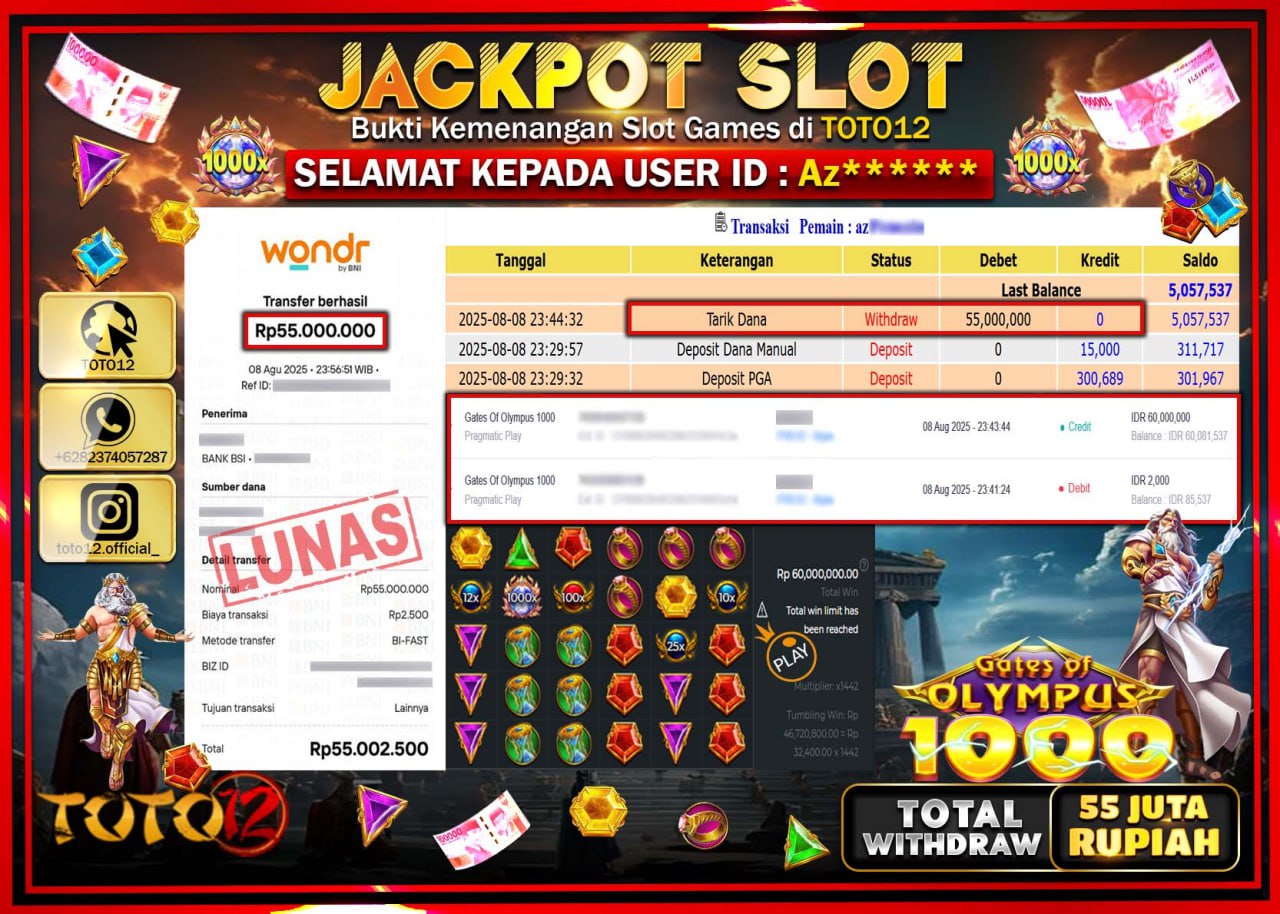 HANYA DI TOTO12 JP PASTI DI BAYAR LUNAS DAN CEPAT!!!!!! JACKPOT SLOT GAME (GATES OF OLYMPUS 1000) Rp.55.000.000 !!!!