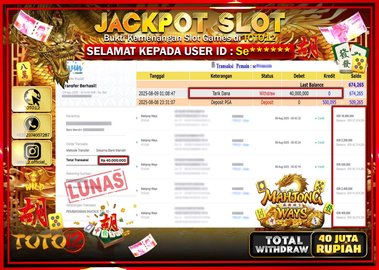HANYA DI TOTO12 JP PASTI DI BAYAR LUNAS DAN CEPAT!!!!!! JACKPOT SLOT GAME (MAHJONG WAYS) Rp.40.000.000 !!!!