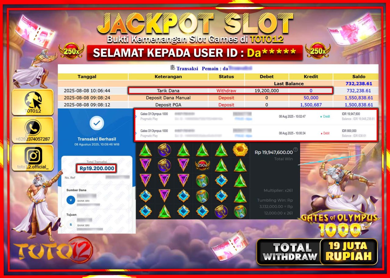 HANYA DI TOTO12 JP PASTI DI BAYAR LUNAS DAN CEPAT!!!!!! JACKPOT SLOT GAME (GATES OF OLYMPUS 1000) Rp.19.200.000 !!!!