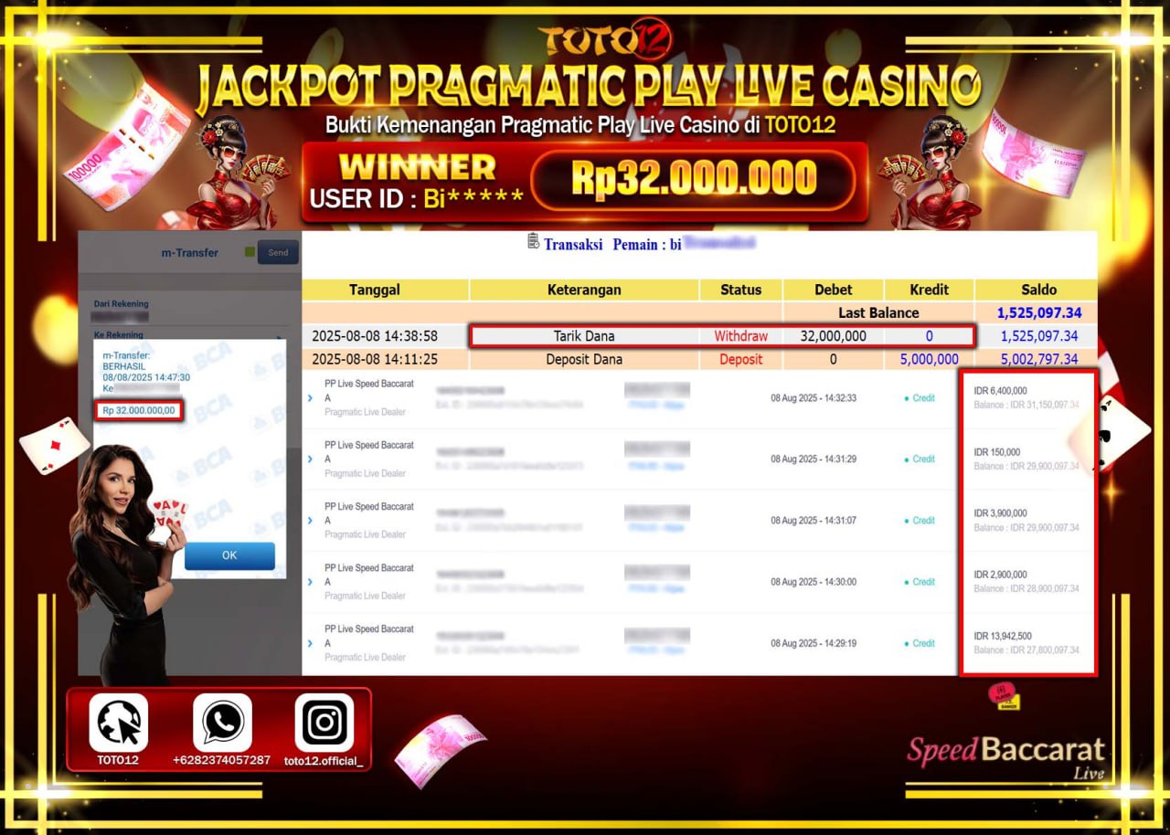 HANYA DI TOTO12 JP PASTI DI BAYAR LUNAS DAN CEPAT!!!!!! JACKPOT PRAGMATIC PLAY LIVE CASINO (SPEED BACCARAT) Rp.32.000.000 !!!!