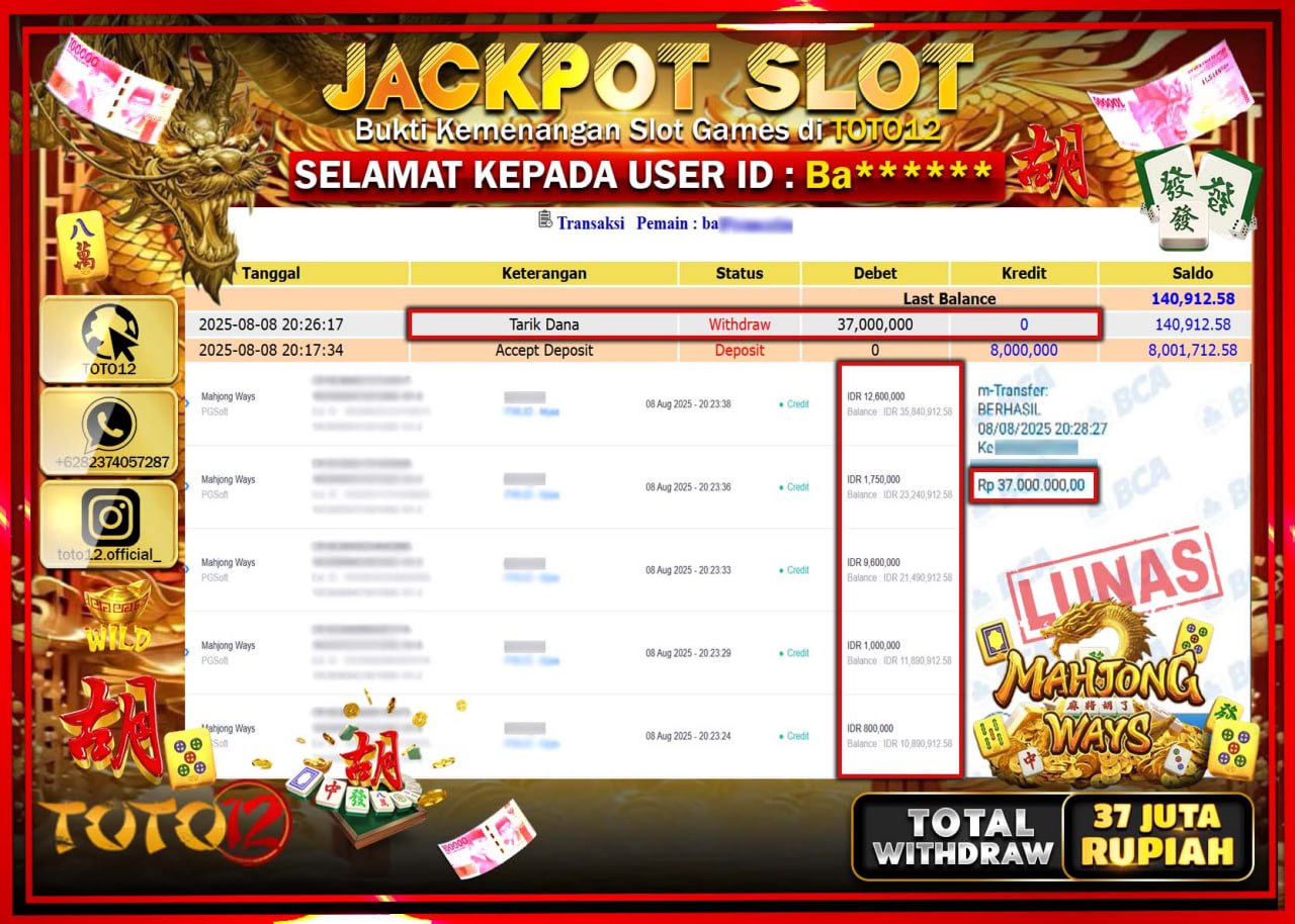 HANYA DI TOTO12 JP PASTI DI BAYAR LUNAS DAN CEPAT!!!!!! JACKPOT SLOT GAME (MAHJONG WAYS) Rp.37.000.000 !!!!