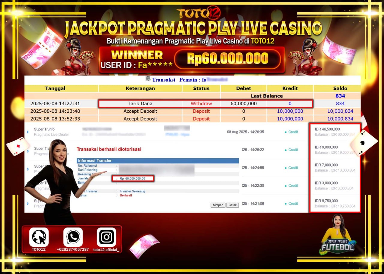 HANYA DI TOTO12 JP PASTI DI BAYAR LUNAS DAN CEPAT!!!!!! JACKPOT PRAGMATIC PLAY LIVE CASINO (SUPER TRUNFO) Rp.60.000.000 !!!!