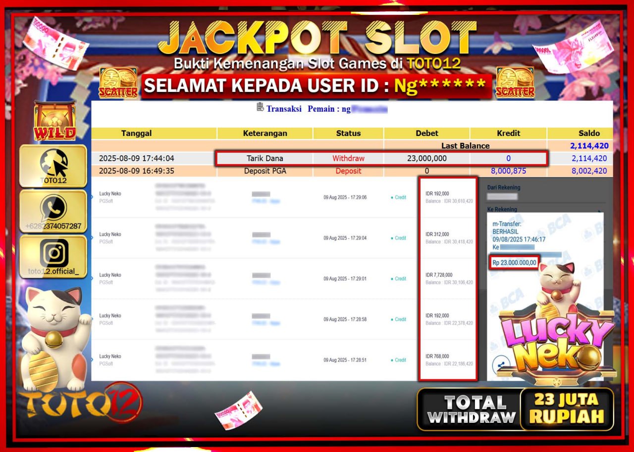HANYA DI TOTO12 JP PASTI DI BAYAR LUNAS DAN CEPAT!!!!!! JACKPOT SLOT GAME (LUCKY NEKO) Rp.23.000.000 !!!!