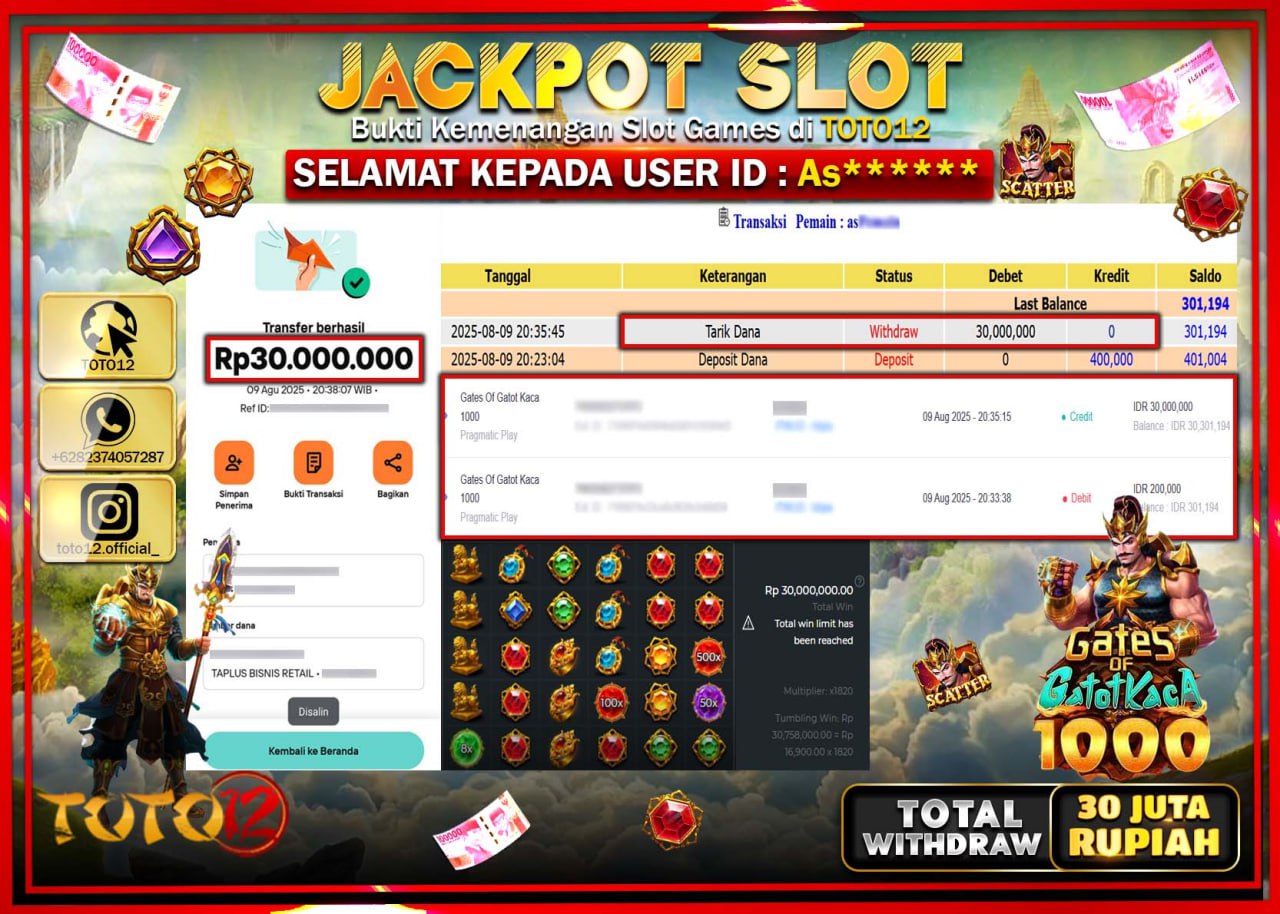 HANYA DI TOTO12 JP PASTI DI BAYAR LUNAS DAN CEPAT!!!!!! JACKPOT SLOT GAME (GATES OF GATOT KACA 1000) Rp.30.000.000 !!!!