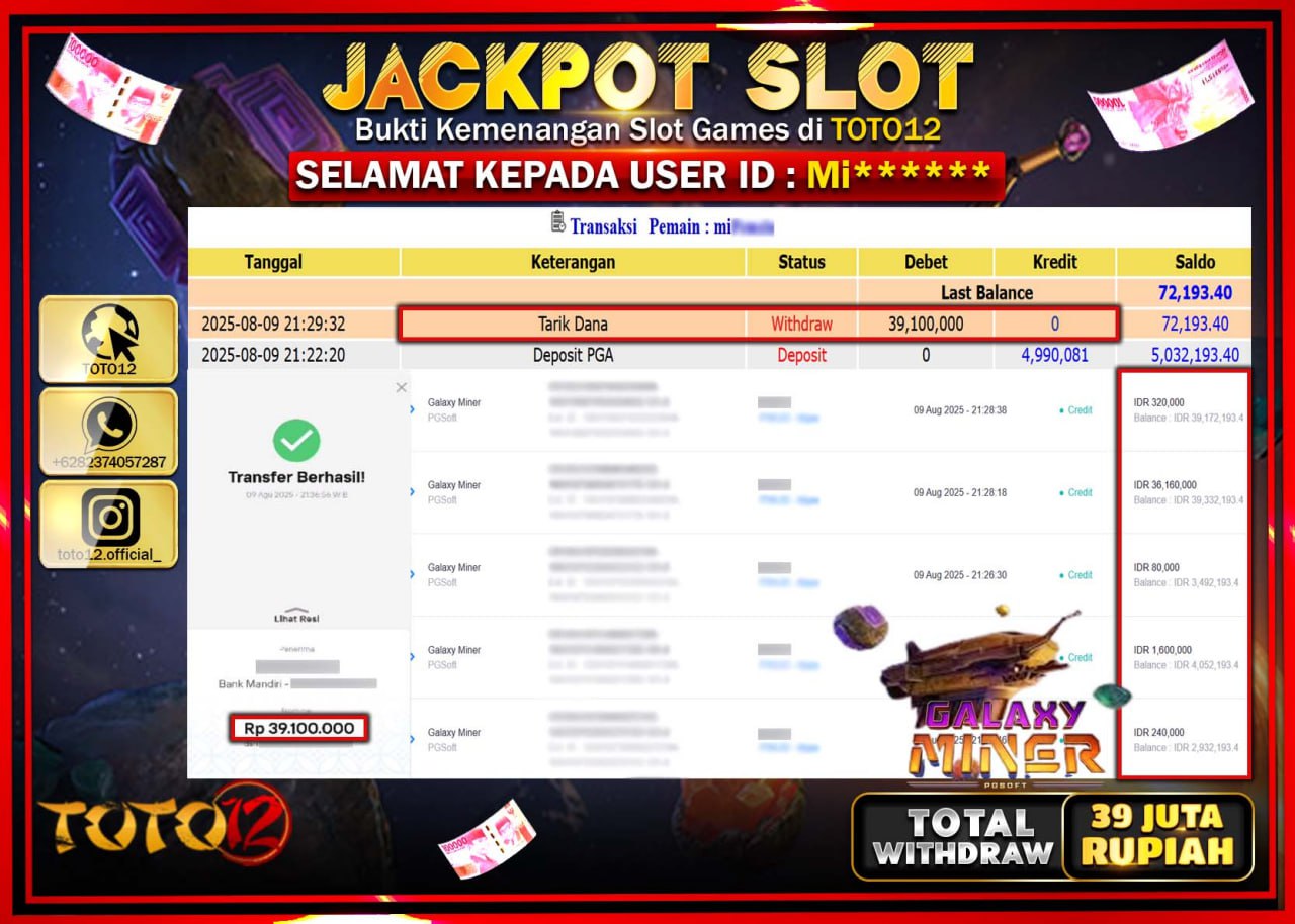 HANYA DI TOTO12 JP PASTI DI BAYAR LUNAS DAN CEPAT!!!!!! JACKPOT SLOT GAME (GALAXY MINER) Rp.39.100.000 !!!!