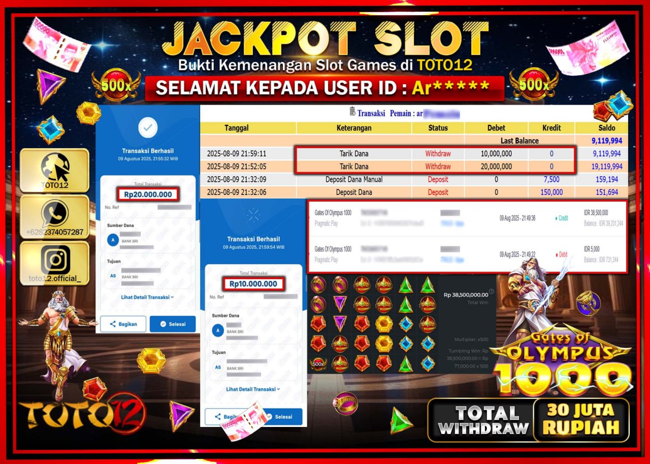 HANYA DI TOTO12 JP PASTI DI BAYAR LUNAS DAN CEPAT!!!!!! JACKPOT SLOT GAME (GATES OF OLYMPUS 1000) Rp.30.000.000 !!!!