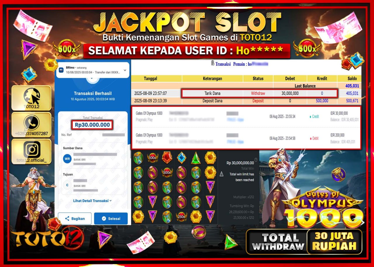 HANYA DI TOTO12 JP PASTI DI BAYAR LUNAS DAN CEPAT!!!!!! JACKPOT SLOT GAME (GATES OF OLYMPUS 1000) Rp.30.000.000 !!!!