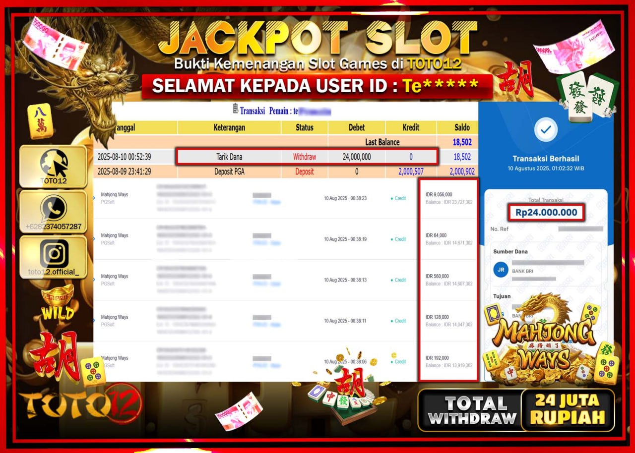 HANYA DI TOTO12 JP PASTI DI BAYAR LUNAS DAN CEPAT!!!!!! JACKPOT SLOT GAME (MAHJONG WAYS) Rp.24.000.000 !!!!