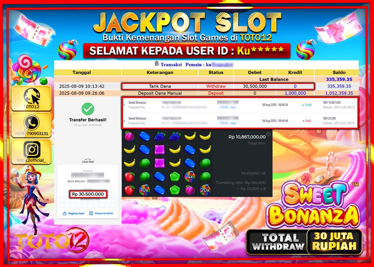 HANYA DI TOTO12 JP PASTI DI BAYAR LUNAS DAN CEPAT!!!!!! JACKPOT SLOT GAME (SWEET BONANZA) Rp.30.500.000 !!!!