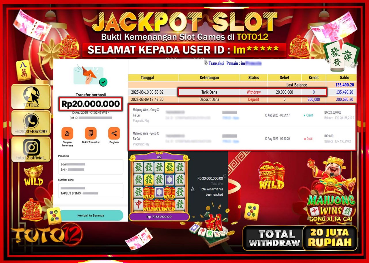 HANYA DI TOTO12 JP PASTI DI BAYAR LUNAS DAN CEPAT!!!!!! JACKPOT SLOT GAME (MAHJONG WINS GONG XI FA CAI) Rp.20.000.000 !!!!