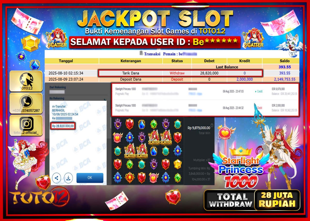 HANYA DI TOTO12 JP PASTI DI BAYAR LUNAS DAN CEPAT!!!!!! JACKPOT SLOT GAME (STARLIGHT PRINCESS 1000) Rp.28.820.000 !!!!
