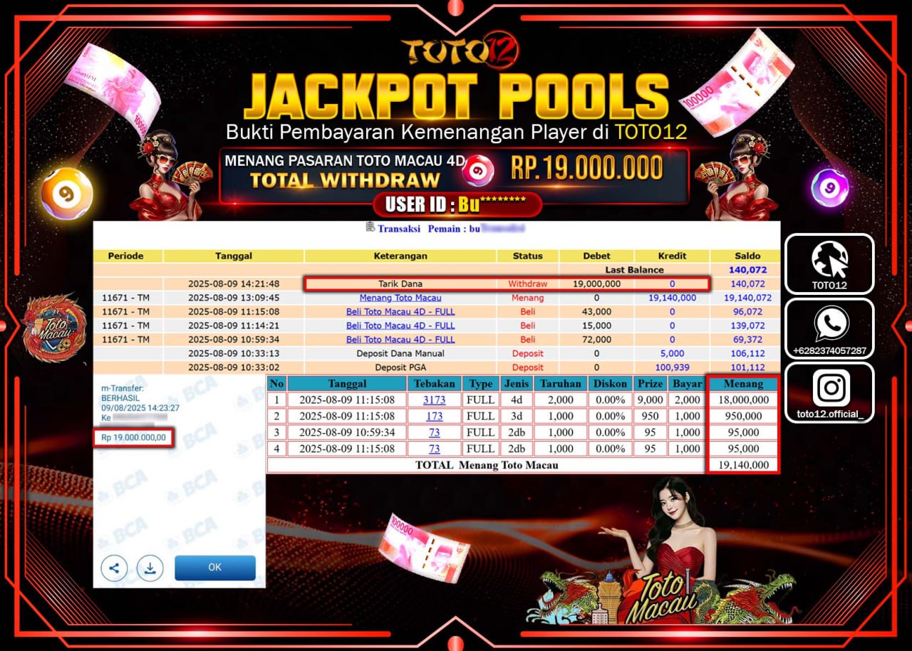 HANYA DI TOTO12 JP PASTI DI BAYAR LUNAS DAN CEPAT!!!!!! JACKPOT POOLS PASARAN (TOTO MACAU 4D) Rp.19.000.000 !!!!