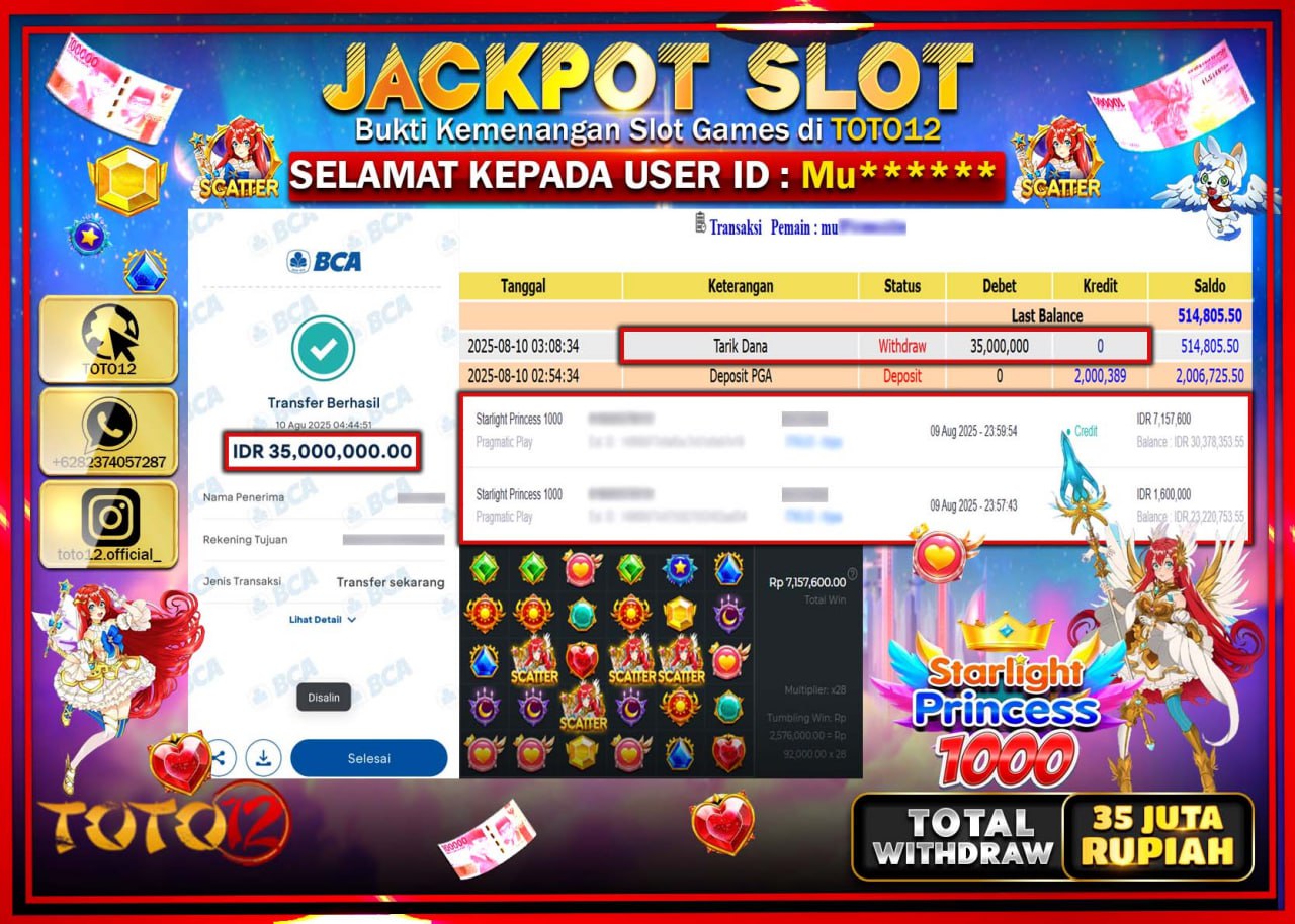 HANYA DI TOTO12 JP PASTI DI BAYAR LUNAS DAN CEPAT!!!!!! JACKPOT SLOT GAME (STARLIGHT PRINCESS 1000) Rp.35.000.000 !!!!