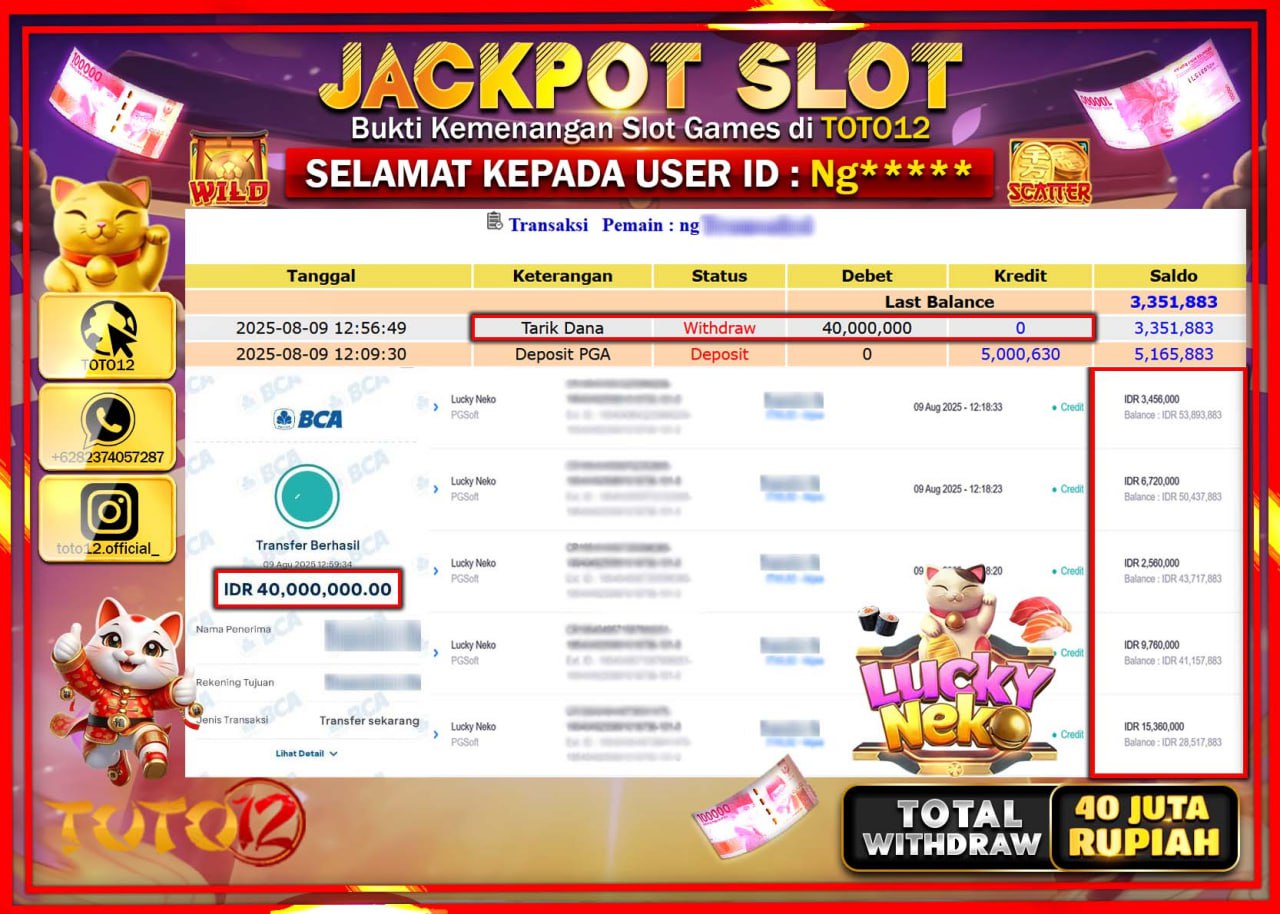 HANYA DI TOTO12 JP PASTI DI BAYAR LUNAS DAN CEPAT!!!!!! JACKPOT SLOT GAME (LUCKY NEKO) Rp.40.000.000 !!!!