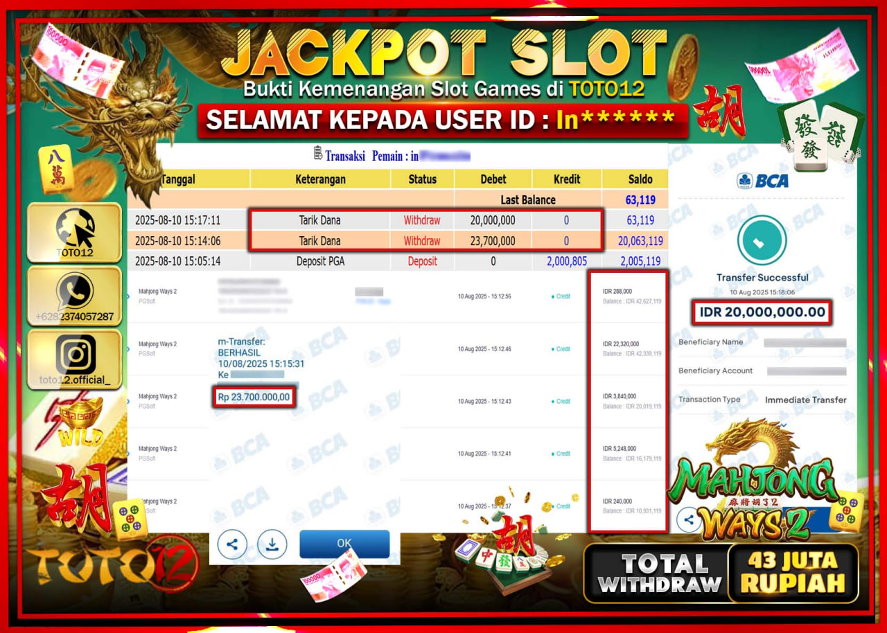 HANYA DI TOTO12 JP PASTI DI BAYAR LUNAS DAN CEPAT!!!!!! JACKPOT SLOT GAME (MAHJONG WAYS 2) Rp.43.700.000 !!!!