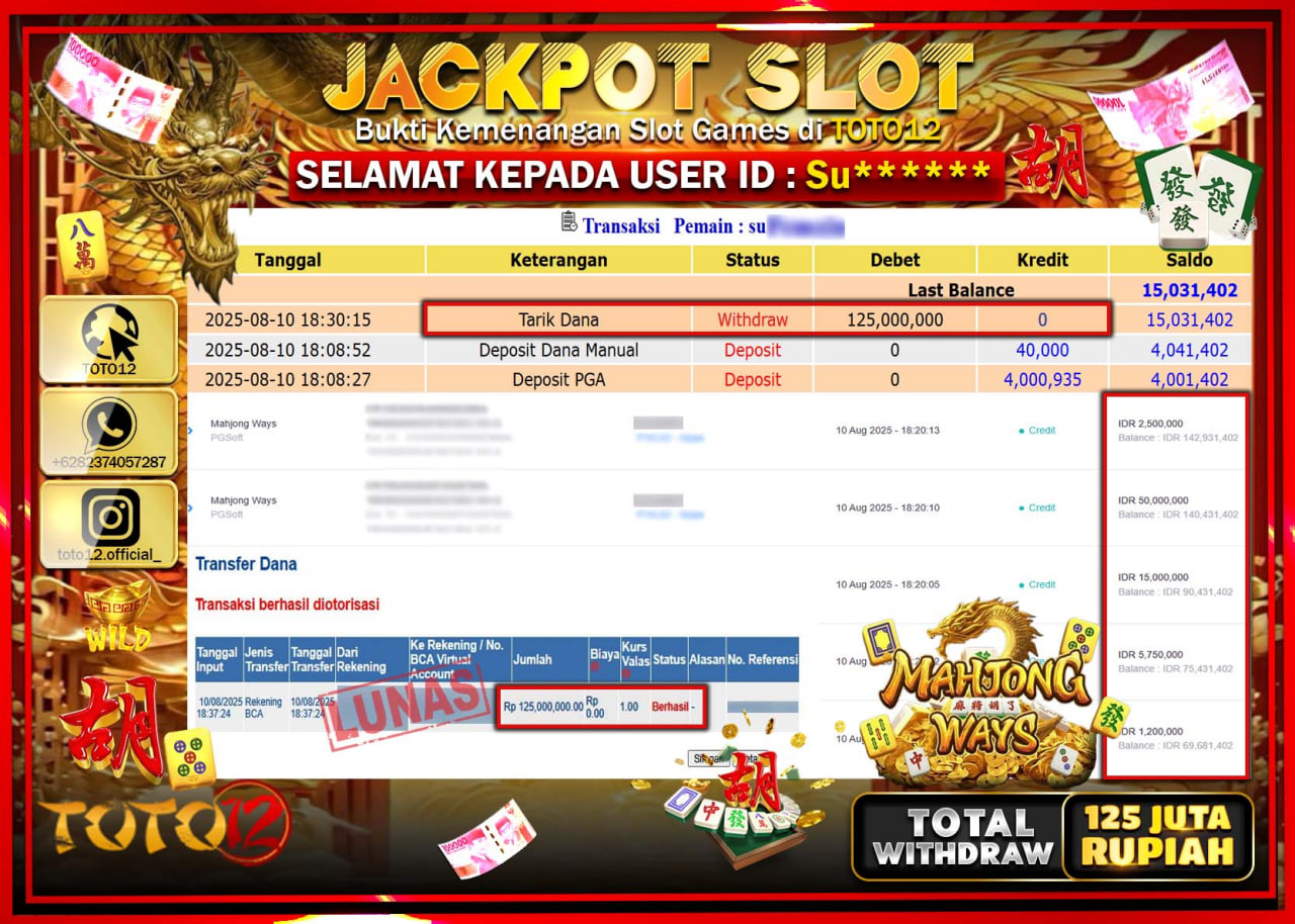 HANYA DI TOTO12 JP PASTI DI BAYAR LUNAS DAN CEPAT!!!!!! JACKPOT SLOT GAME (MAHJONG WAYS) Rp.125.000.000 !!!!