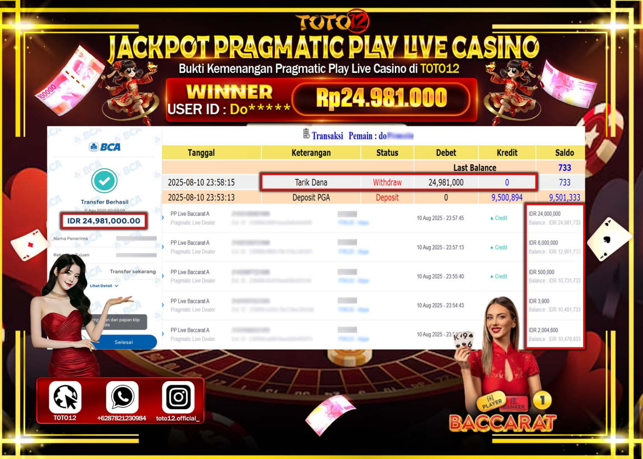HANYA DI TOTO12 JP PASTI DI BAYAR LUNAS DAN CEPAT!!!!!! JACKPOT PRAGMATIC PLAY LIVE CASINO (BACCARAT) Rp.24.981.000 !!!!