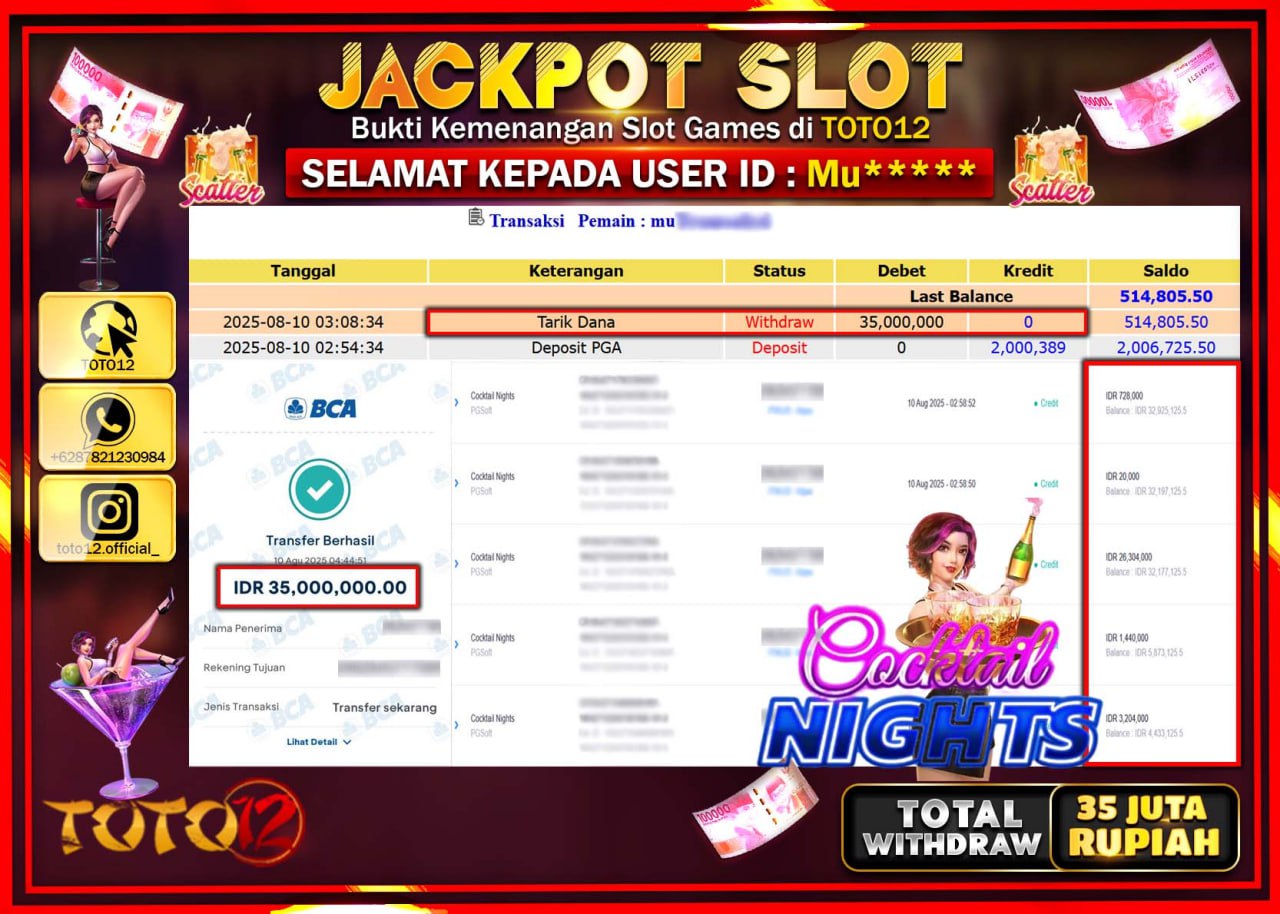 HANYA DI TOTO12 JP PASTI DI BAYAR LUNAS DAN CEPAT!!!!!! JACKPOT SLOT GAME (COCKTAIL NIGHTS) Rp.35.000.000 !!!!