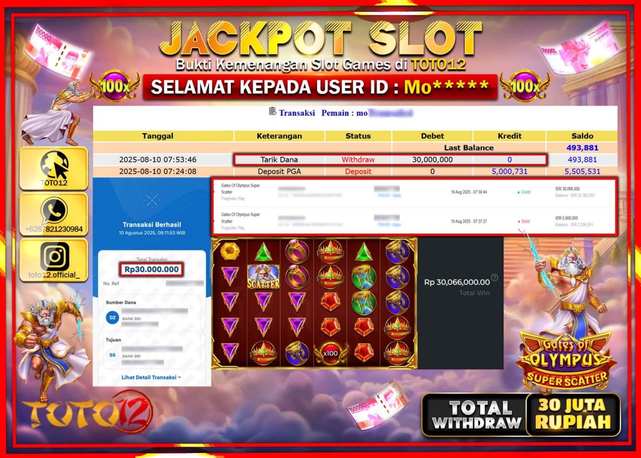 HANYA DI TOTO12 JP PASTI DI BAYAR LUNAS DAN CEPAT!!!!!! JACKPOT SLOT GAME (GATES OF OLYMPUS SUPER SCATTER) Rp.30.000.000 !!!!