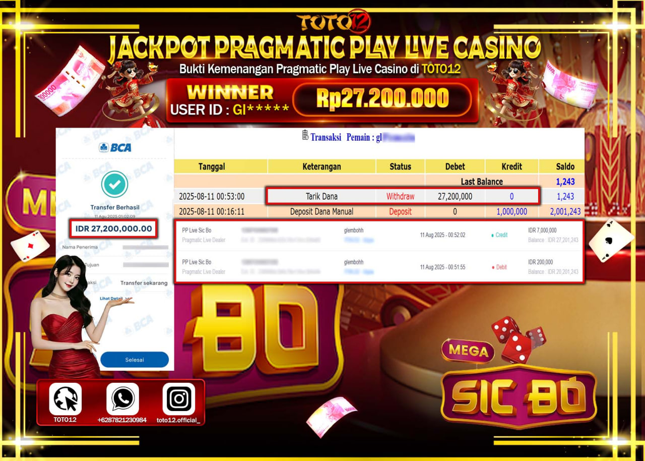 HANYA DI TOTO12 JP PASTI DI BAYAR LUNAS DAN CEPAT!!!!!! JACKPOT PRAGMATIC PLAY LIVE CASINO (SIC BO) Rp.27.200.000 !!!!