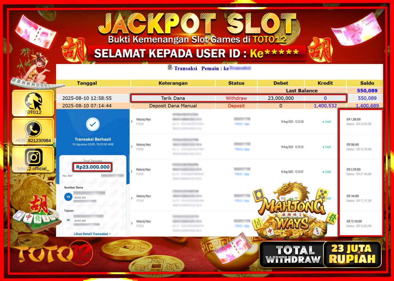 HANYA DI TOTO12 JP PASTI DI BAYAR LUNAS DAN CEPAT!!!!!! JACKPOT SLOT GAME (MAHJONG WAYS) Rp.23.000.000 !!!!