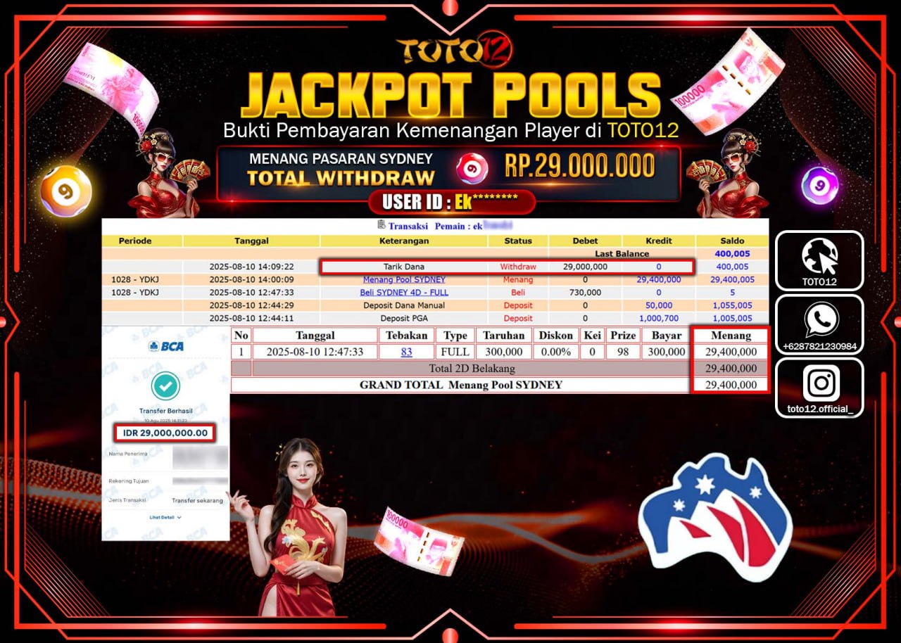 HANYA DI TOTO12 JP PASTI DI BAYAR LUNAS DAN CEPAT!!!!!! JACKPOT POOLS PASARAN (SYDNEY) Rp.29.000.000 !!!!