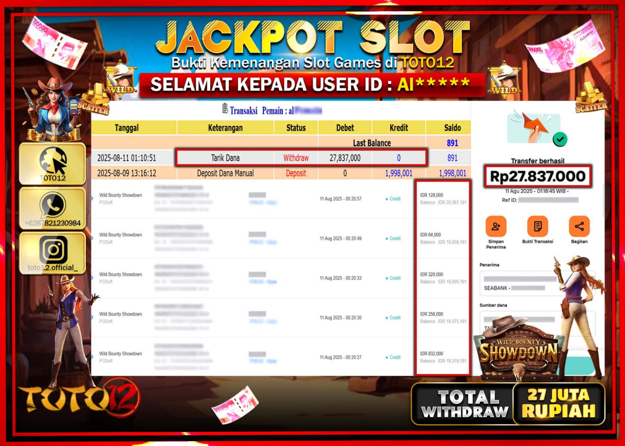HANYA DI TOTO12 JP PASTI DI BAYAR LUNAS DAN CEPAT!!!!!! JACKPOT SLOT GAME (WILD BOUNTY SHOWDOWN) Rp.27.837.000 !!!!
