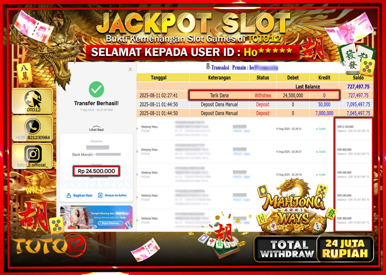 HANYA DI TOTO12 JP PASTI DI BAYAR LUNAS DAN CEPAT!!!!!! JACKPOT SLOT GAME (MAHJONG WAYS) Rp.24.500.000 !!!!