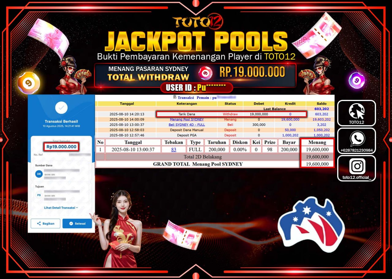 HANYA DI TOTO12 JP PASTI DI BAYAR LUNAS DAN CEPAT!!!!!! JACKPOT POOLS PASARAN (SYDNEY) Rp.19.000.000 !!!!