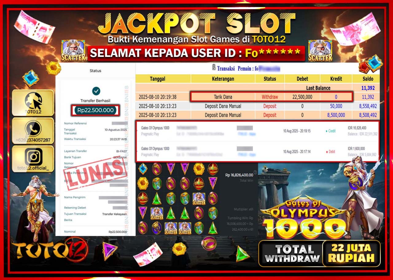 HANYA DI TOTO12 JP PASTI DI BAYAR LUNAS DAN CEPAT!!!!!! JACKPOT SLOT GAME (GATES OF OLYMPUS 1000) Rp.22.500.000 !!!!