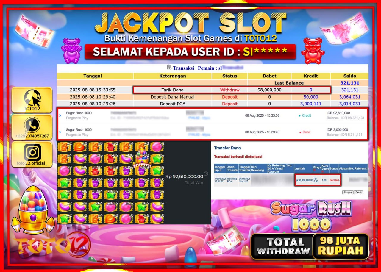 HANYA DI TOTO12 JP PASTI DI BAYAR LUNAS DAN CEPAT!!!!!! JACKPOT SLOT GAME (SUGAR RUSH 1000) Rp.98.000.000 !!!!