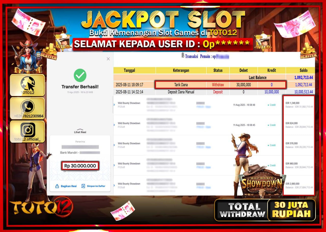 HANYA DI TOTO12 JP PASTI DI BAYAR LUNAS DAN CEPAT!!!!!! JACKPOT SLOT GAME (WILD BOUNTY SHOWDOWN) Rp.30.000.000 !!!!