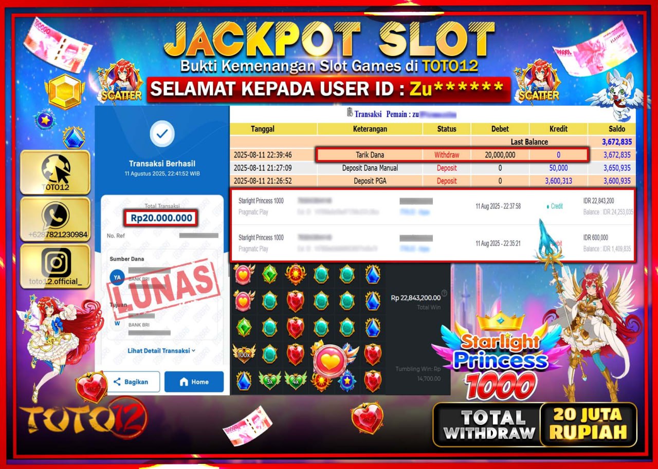 HANYA DI TOTO12 JP PASTI DI BAYAR LUNAS DAN CEPAT!!!!!! JACKPOT SLOT GAME (STARLIGHT PRINCESS 1000) Rp.20.000.000 !!!!