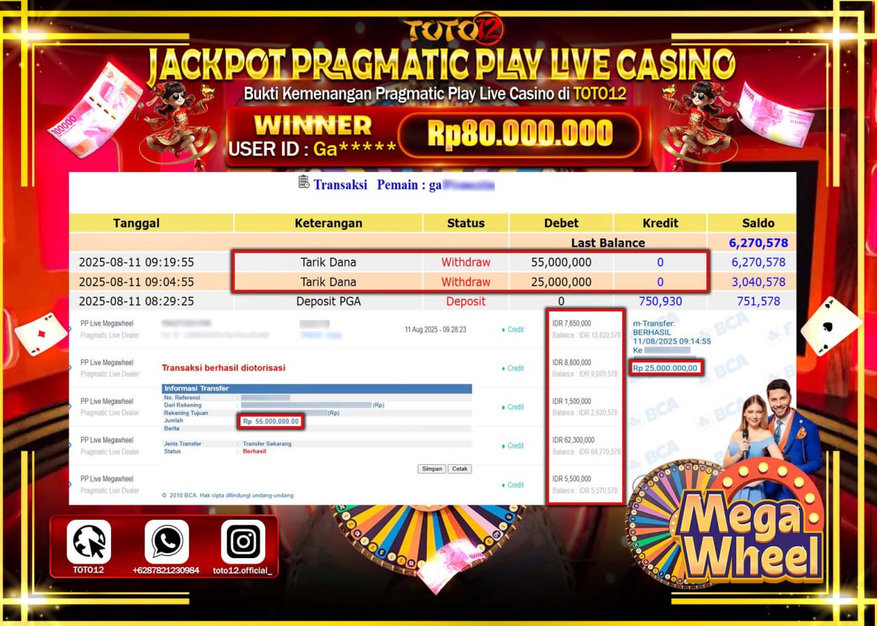 HANYA DI TOTO12 JP PASTI DI BAYAR LUNAS DAN CEPAT!!!!!! JACKPOT PRAGMATIC PLAY LIVE CASINO (MEGA WHEEL) Rp.80.000.000 !!!!