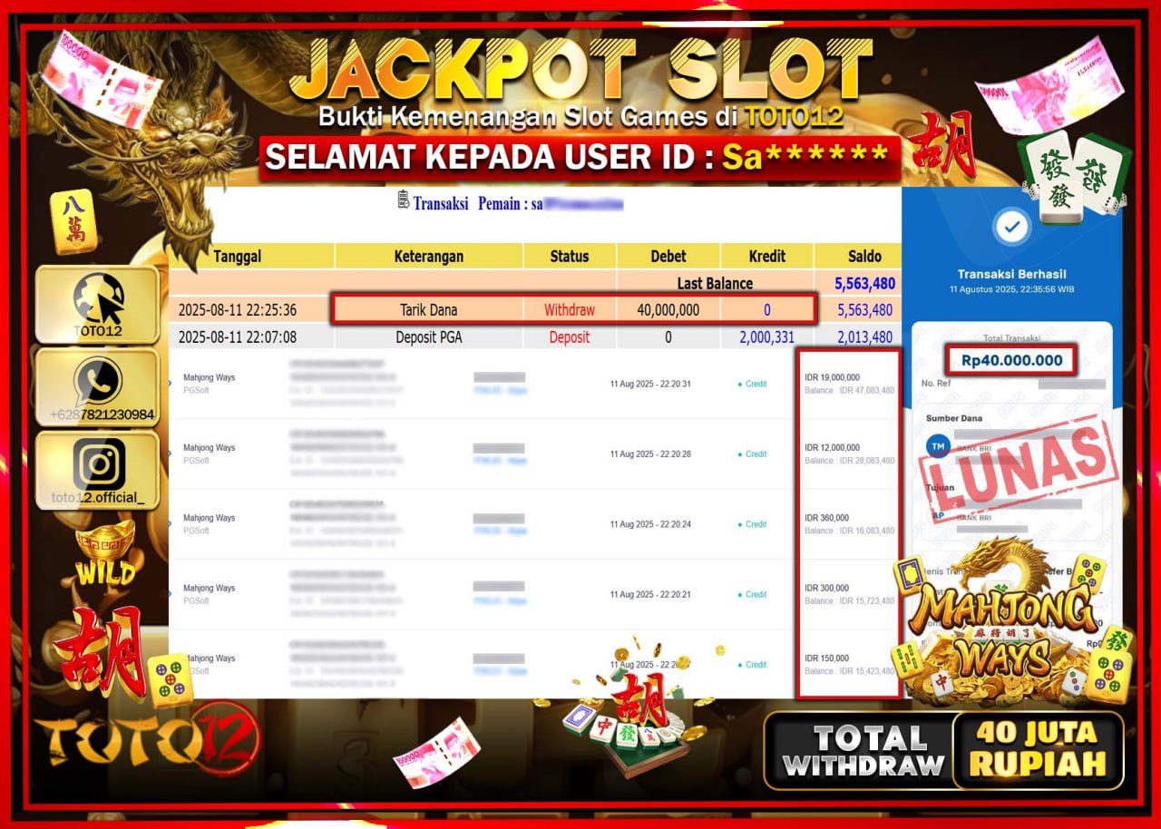 HANYA DI TOTO12 JP PASTI DI BAYAR LUNAS DAN CEPAT!!!!!! JACKPOT SLOT GAME (MAHJONG WAYS) Rp.40.000.000 !!!!