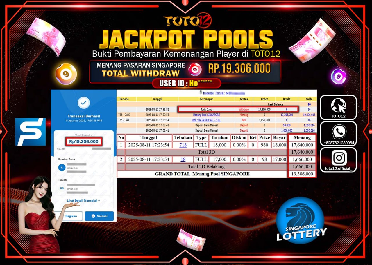 HANYA DI TOTO12 JP PASTI DI BAYAR LUNAS DAN CEPAT!!!!!! JACKPOT POOLS PASARAN (SINGAPORE) Rp.19.306.000 !!!!