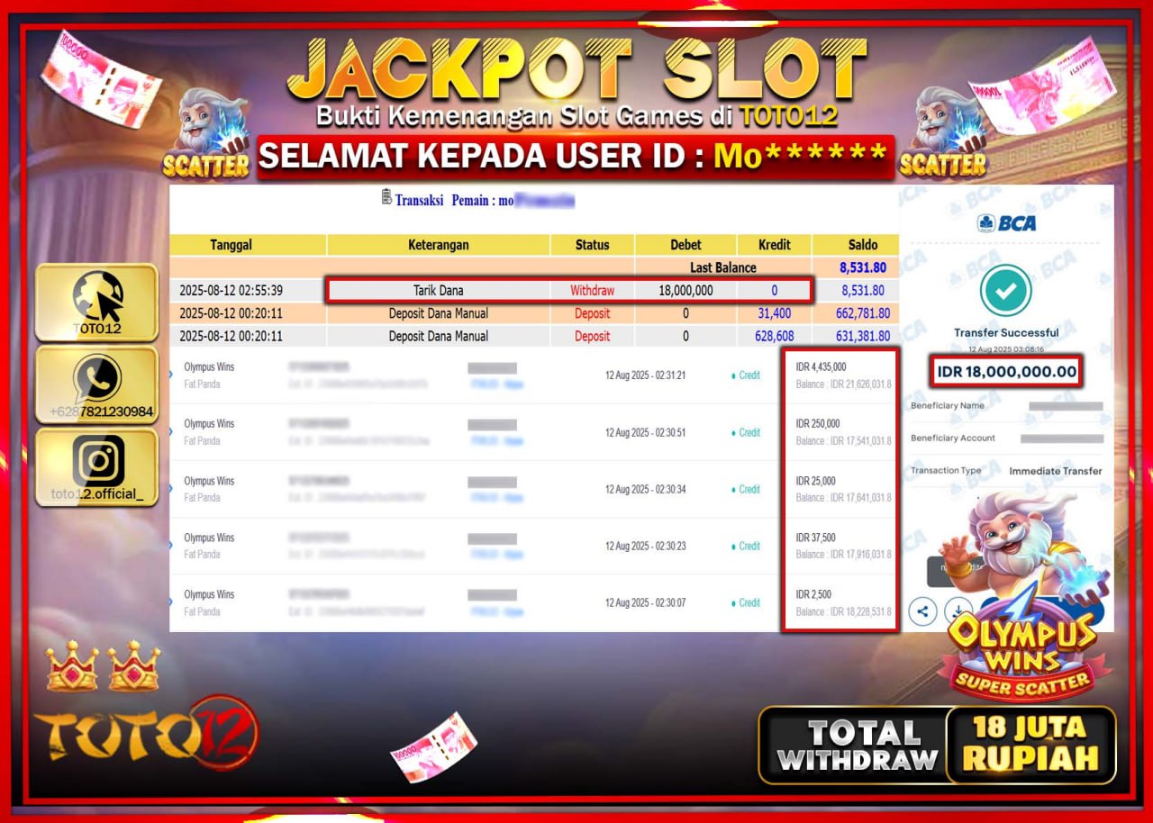HANYA DI TOTO12 JP PASTI DI BAYAR LUNAS DAN CEPAT!!!!!! JACKPOT SLOT GAME (OLYMPUS WINS SUPER SCATTER) Rp.18.000.000 !!!!