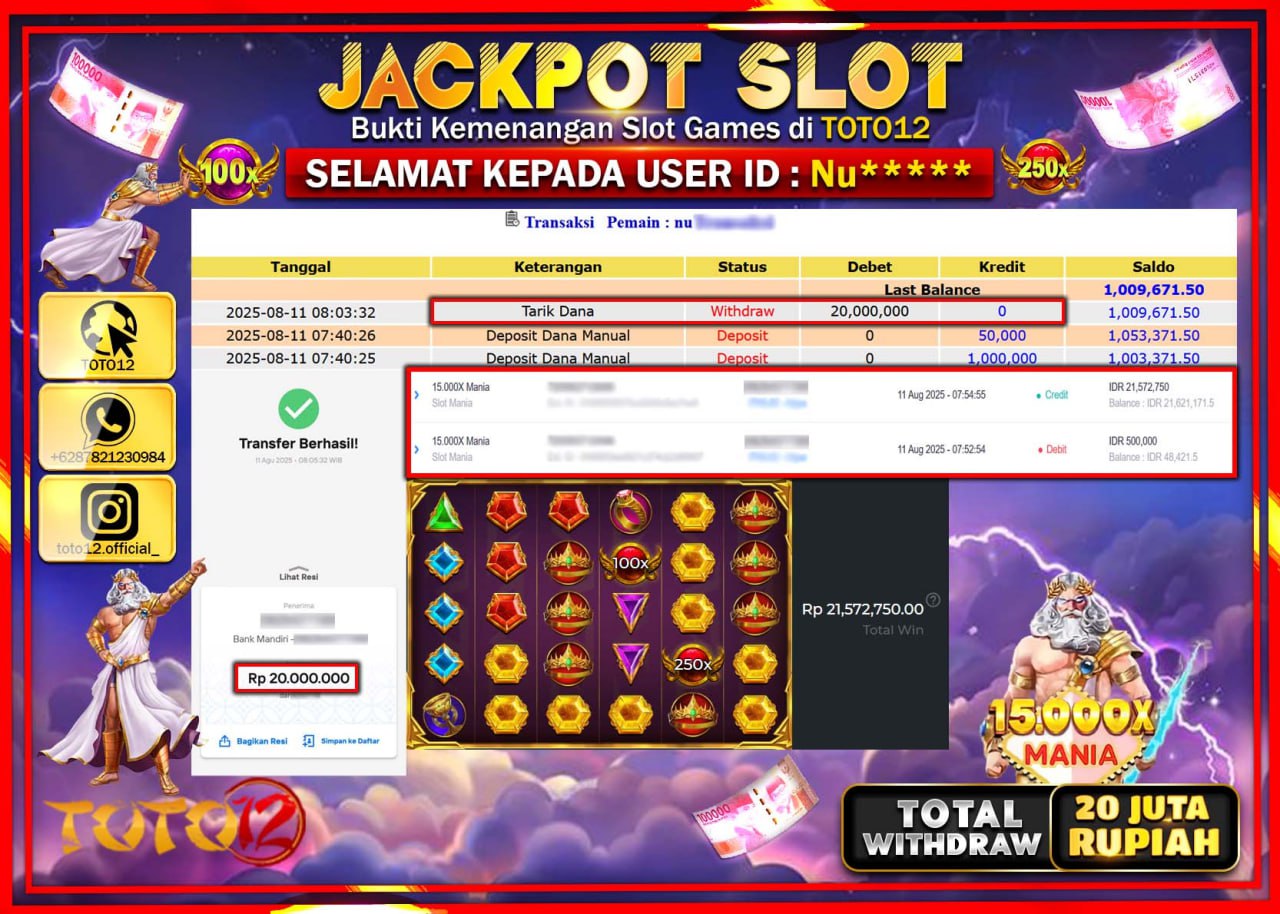HANYA DI TOTO12 JP PASTI DI BAYAR LUNAS DAN CEPAT!!!!!! JACKPOT SLOT GAME (15.000X MANIA) Rp.20.000.000 !!!!
