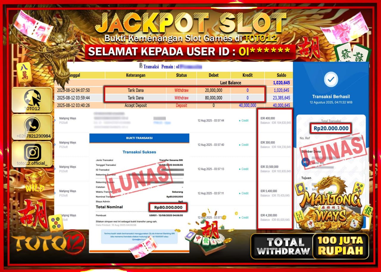 HANYA DI TOTO12 JP PASTI DI BAYAR LUNAS DAN CEPAT!!!!!! JACKPOT SLOT GAME (MAHJONG WAYS) Rp.100.000.000 !!!!