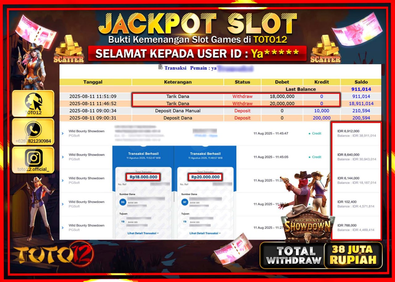 HANYA DI TOTO12 JP PASTI DI BAYAR LUNAS DAN CEPAT!!!!!! JACKPOT SLOT GAME (WILD BOUNTY SHOWDOWN) Rp.38.000.000 !!!!