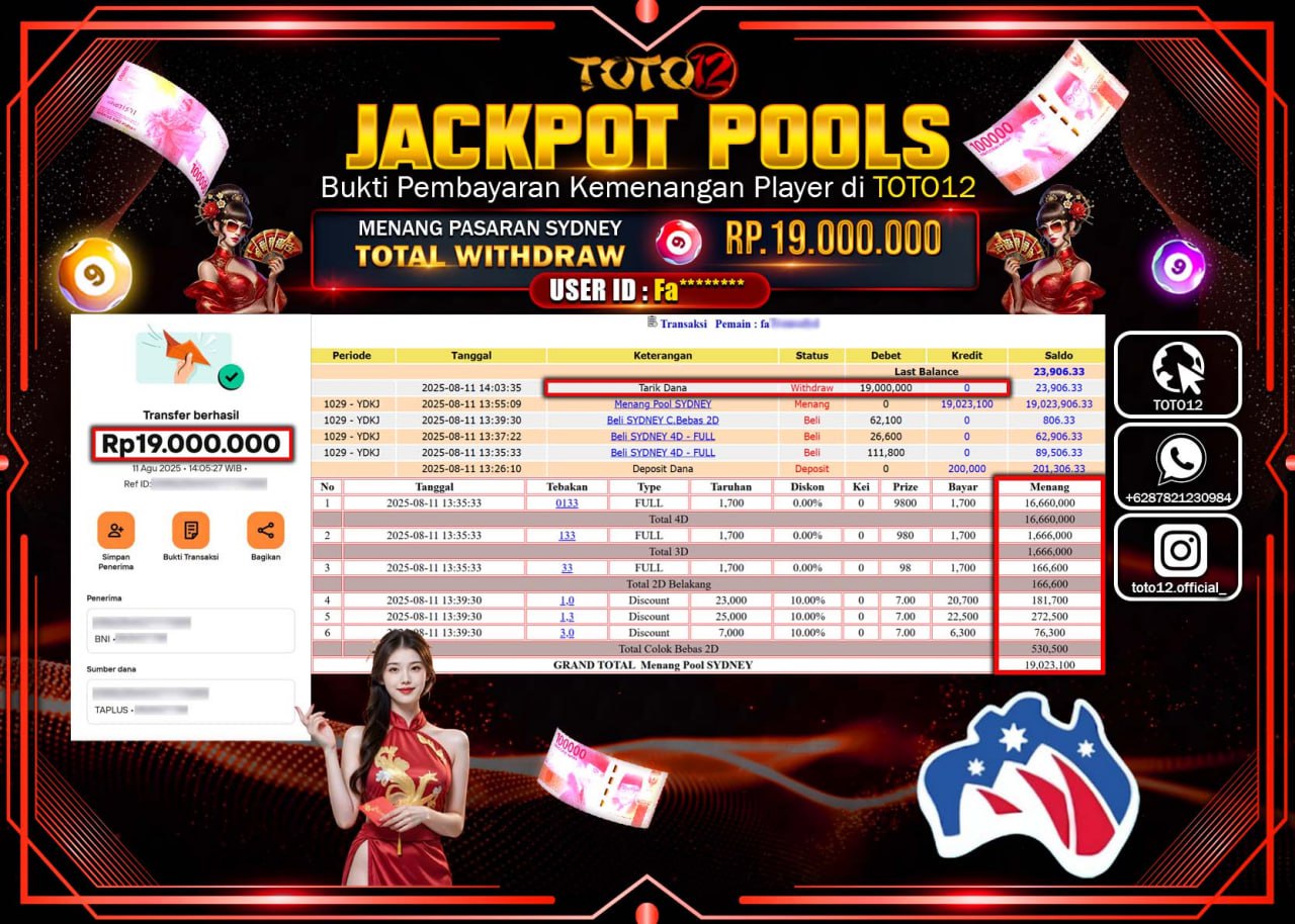 HANYA DI TOTO12 JP PASTI DI BAYAR LUNAS DAN CEPAT!!!!!! JACKPOT POOLS PASARAN (SYDNEY) Rp.19.000.000 !!!!