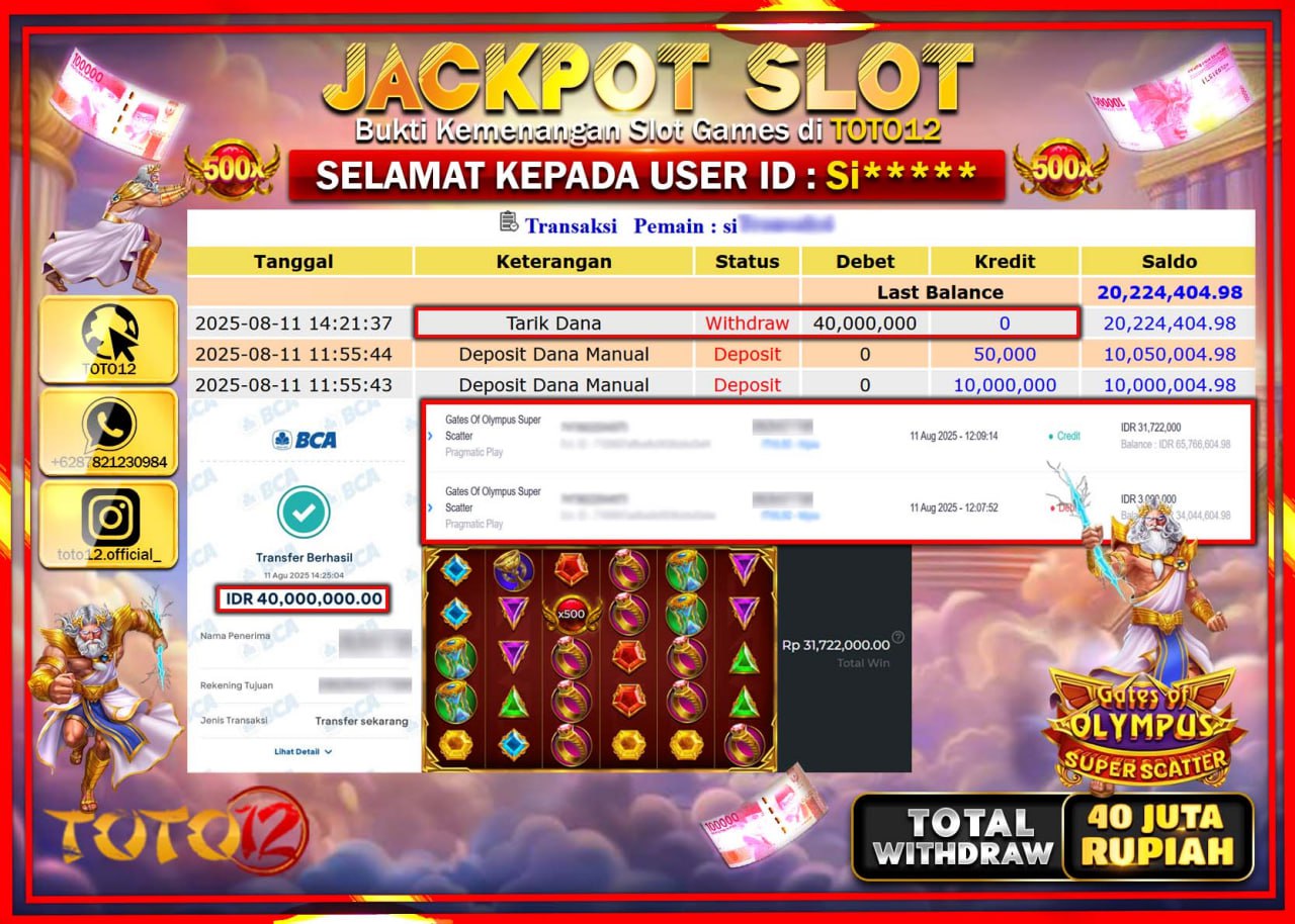 HANYA DI TOTO12 JP PASTI DI BAYAR LUNAS DAN CEPAT!!!!!! JACKPOT SLOT GAME (GATES OF OLYMPUS SUPER SCATTER) Rp.40.000.000 !!!!