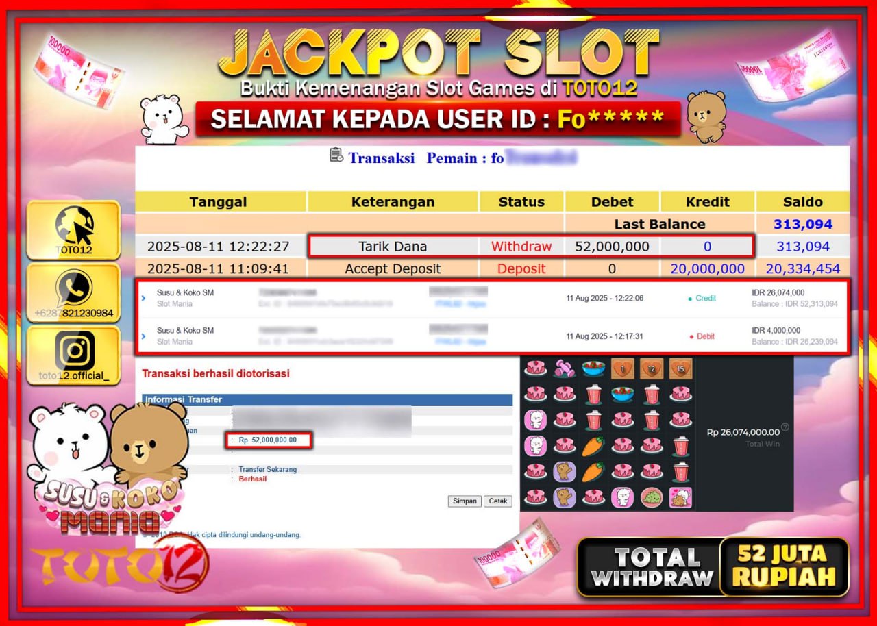 HANYA DI TOTO12 JP PASTI DI BAYAR LUNAS DAN CEPAT!!!!!! JACKPOT SLOT GAME (SUSU & KOKO MANIA) Rp.52.000.000 !!!!