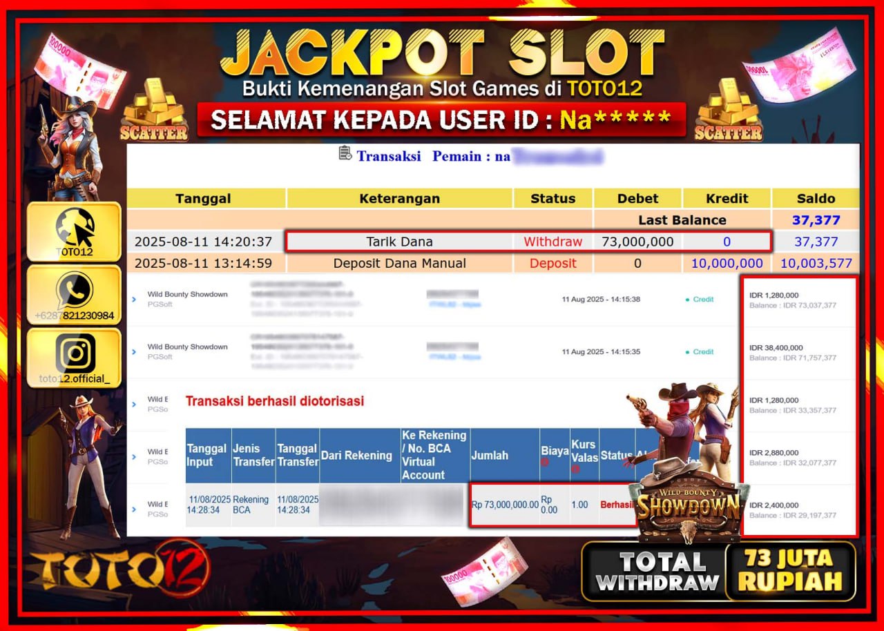 HANYA DI TOTO12 JP PASTI DI BAYAR LUNAS DAN CEPAT!!!!!! JACKPOT SLOT GAME (WILD BOUNTY SHOWDOWN) Rp.73.000.000 !!!!