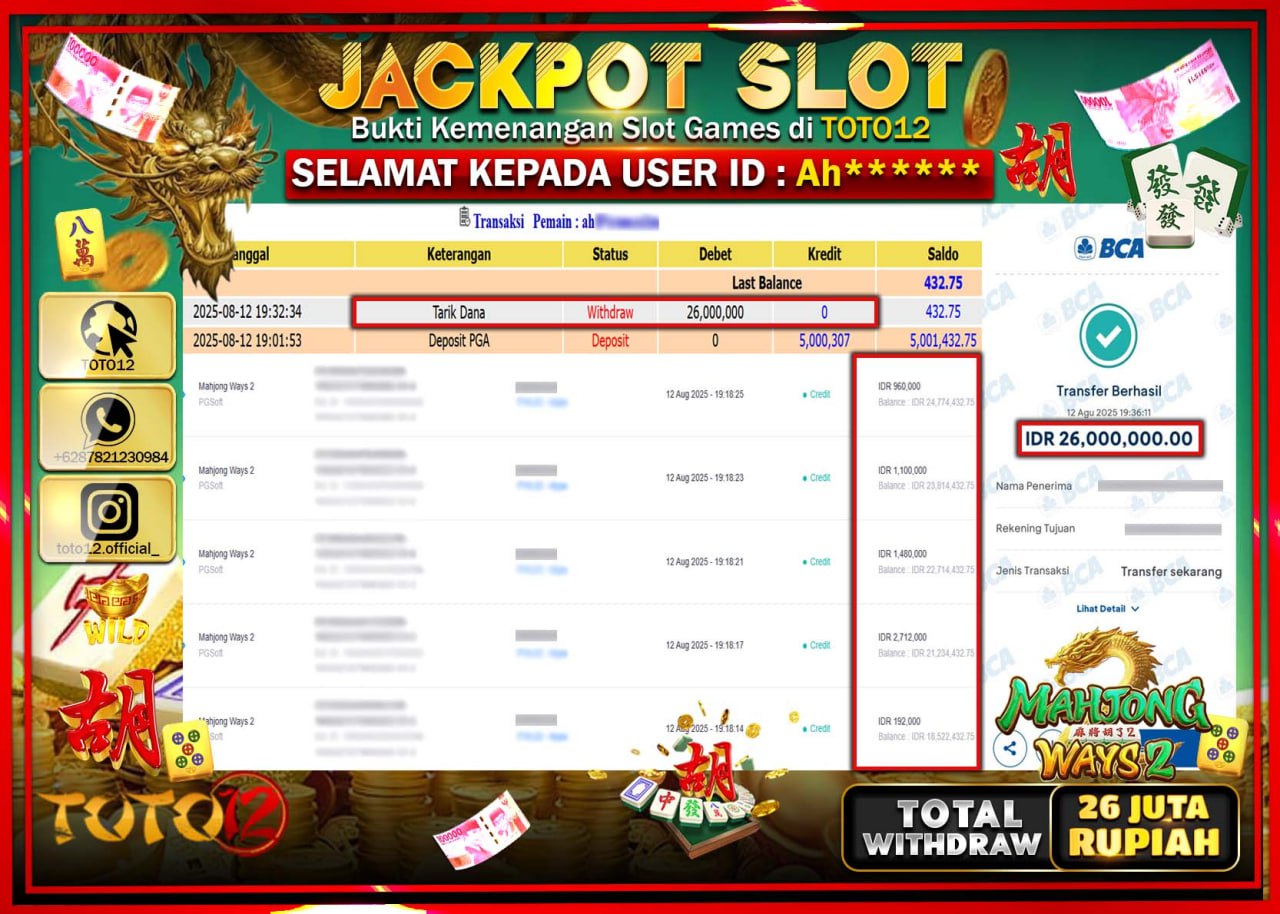 HANYA DI TOTO12 JP PASTI DI BAYAR LUNAS DAN CEPAT!!!!!! JACKPOT SLOT GAME (MAHJONG WAYS 2) Rp.26.000.000 !!!!