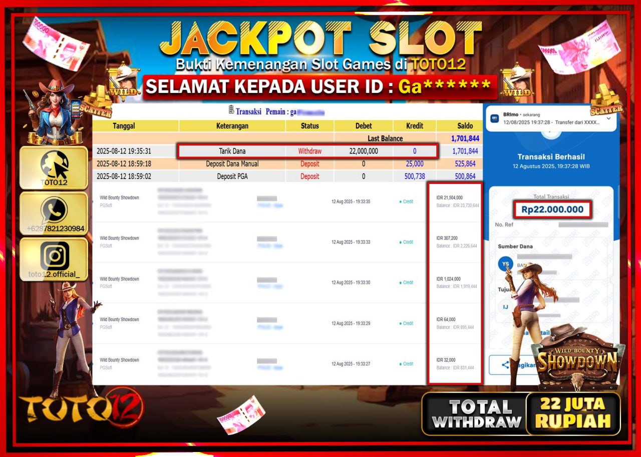 HANYA DI TOTO12 JP PASTI DI BAYAR LUNAS DAN CEPAT!!!!!! JACKPOT SLOT GAME (WILD BOUNTY SHOWDOWN) Rp.22.000.000 !!!!