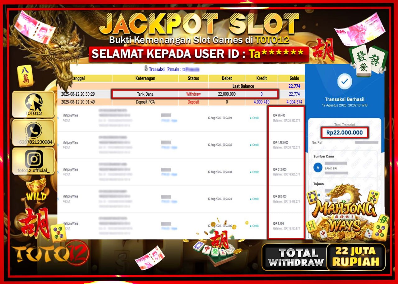 HANYA DI TOTO12 JP PASTI DI BAYAR LUNAS DAN CEPAT!!!!!! JACKPOT SLOT GAME (MAHJONG WAYS) Rp.22.000.000 !!!!