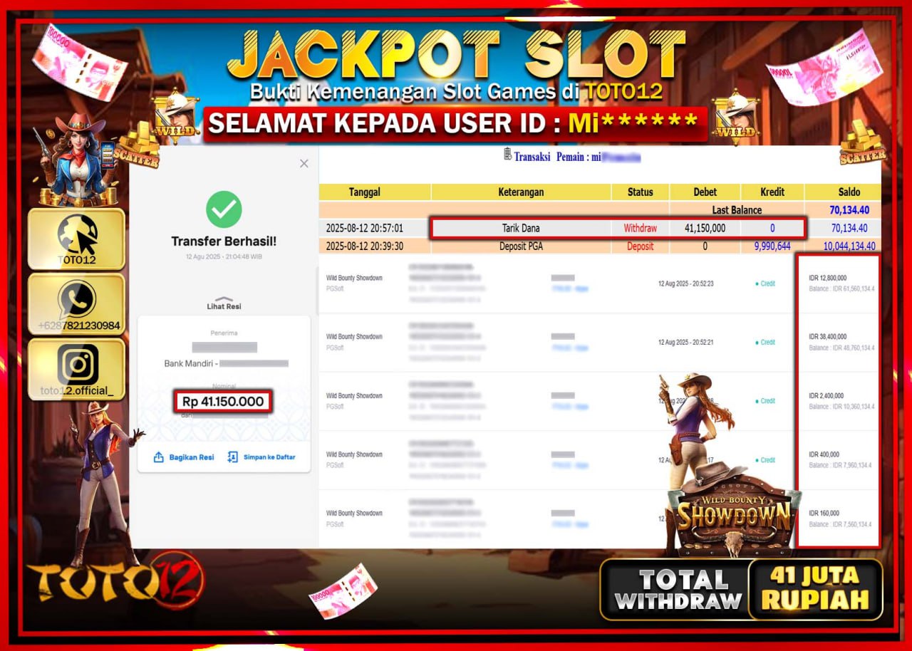 HANYA DI TOTO12 JP PASTI DI BAYAR LUNAS DAN CEPAT!!!!!! JACKPOT SLOT GAME (WILD BOUNTY SHOWDOWN) Rp.41.150.000 !!!!