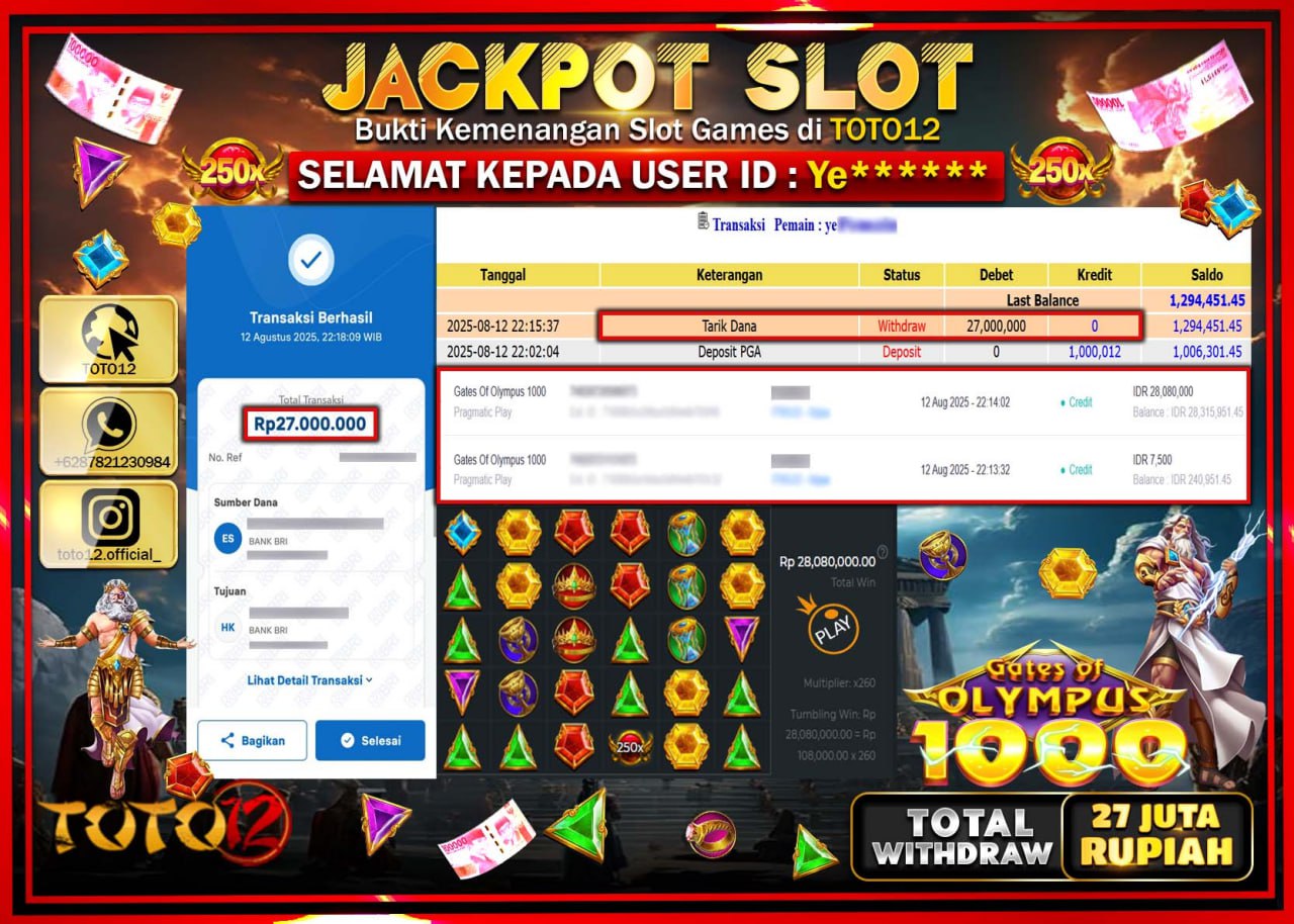 HANYA DI TOTO12 JP PASTI DI BAYAR LUNAS DAN CEPAT!!!!!! JACKPOT SLOT GAME (GATES OF OLYMPUS 1000) Rp.27.000.000 !!!!