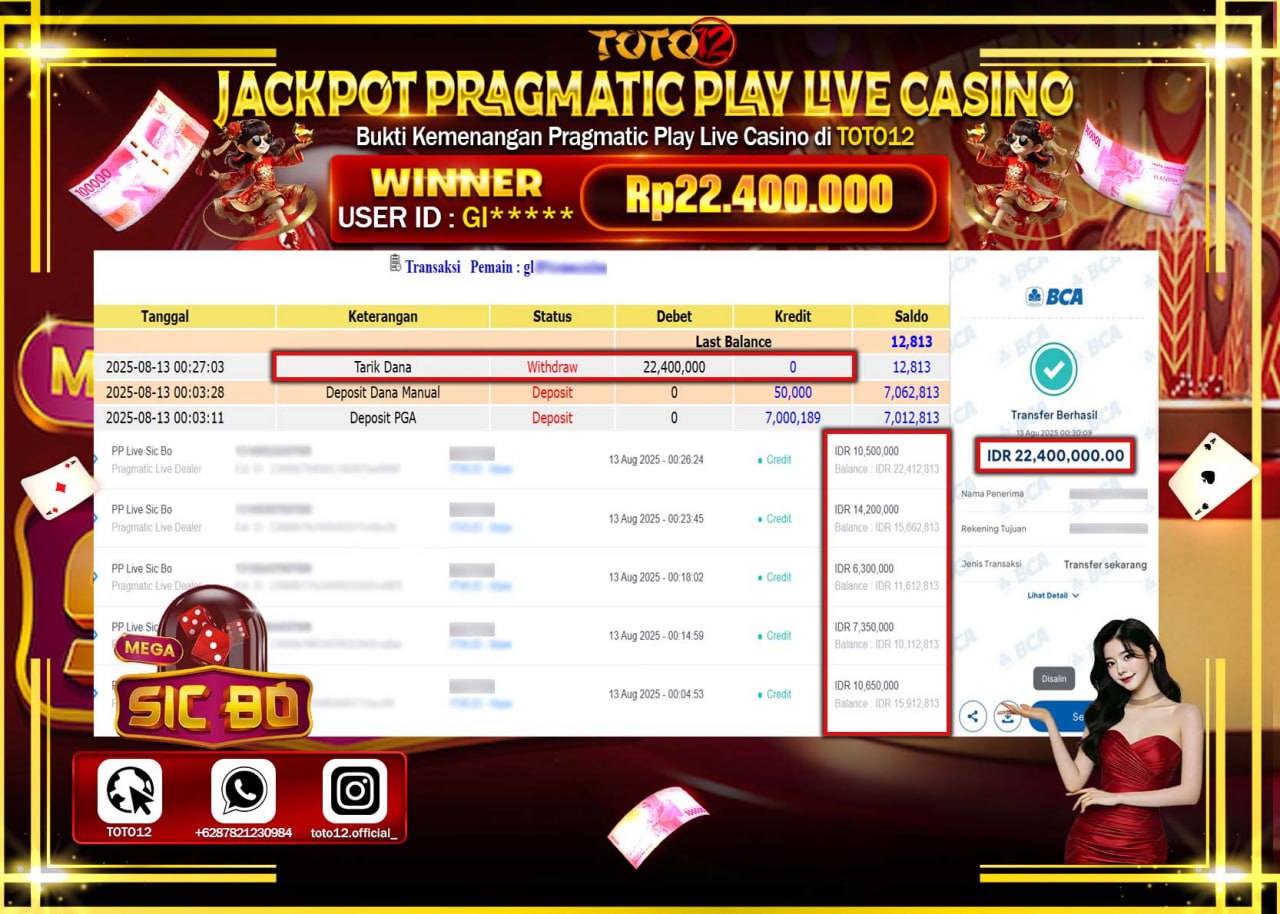 HANYA DI TOTO12 JP PASTI DI BAYAR LUNAS DAN CEPAT!!!!!! JACKPOT PRAGMATIC PLAY LIVE CASINO (SIC BO) Rp.22.400.000 !!!!
